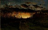 sunset with quarter moon and farmhouse by Edward Mitchell Bannister